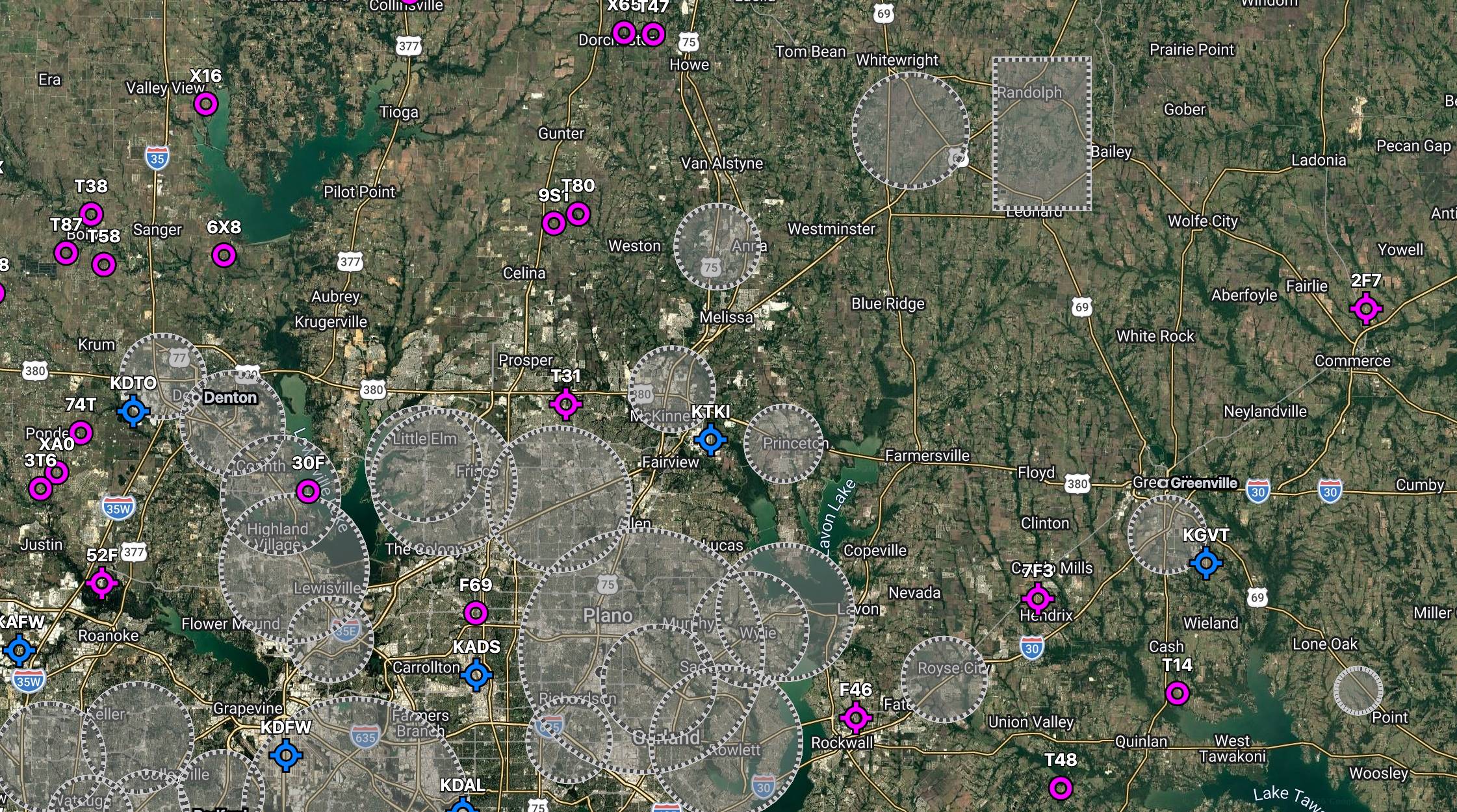 FAA airspace map showing UAS test range areas in North Texas region